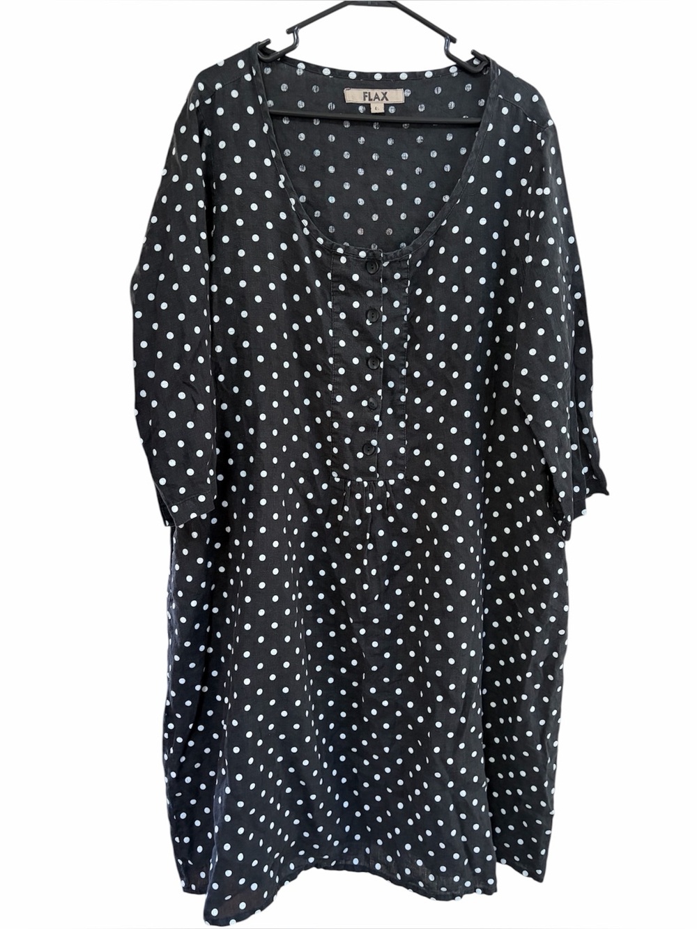 Flax 100% Linen Black and White Polka Dot Linen Dress